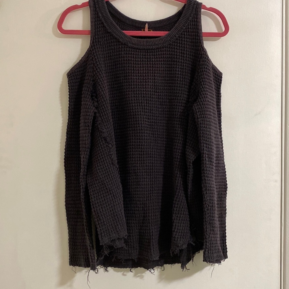 Free People Black Off-the-Shoulder Waffle Knit Sweater